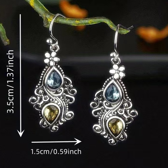 Vintage Silver Floral Gemstone Dangle Boho Earrings Nwt - Picture 5 of 5